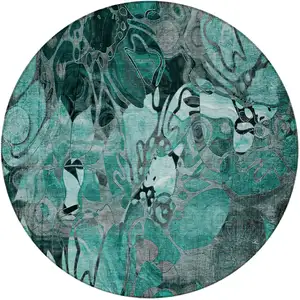 Photo of 8' Round Teal Black and Gray Round Floral Washable Non Skid Indoor Outdoor Area Rug