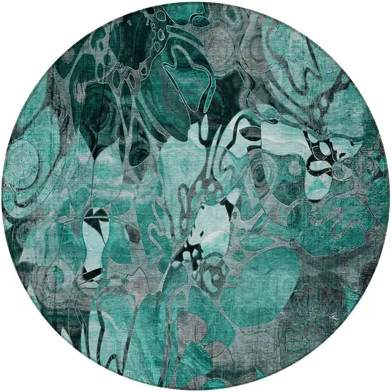 8' Round Teal Black and Gray Round Floral Washable Non Skid Indoor Outdoor Area Rug Photo 3