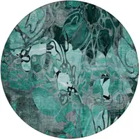 Photo of 8' Round Teal Black and Gray Round Floral Washable Non Skid Indoor Outdoor Area Rug