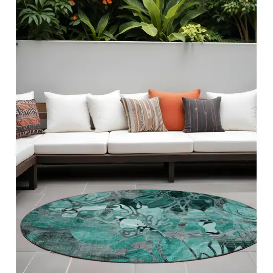 Teal Black and Gray Round Abstract Washable Indoor Outdoor Area Rug Photo 1