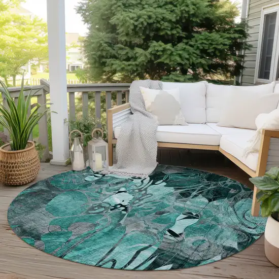 Teal Black and Gray Round Abstract Washable Indoor Outdoor Area Rug Photo 6