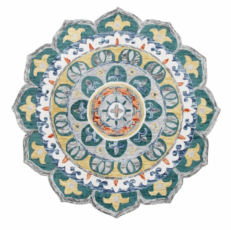 4' Round Teal Floral Mandala Area Rug Photo 1