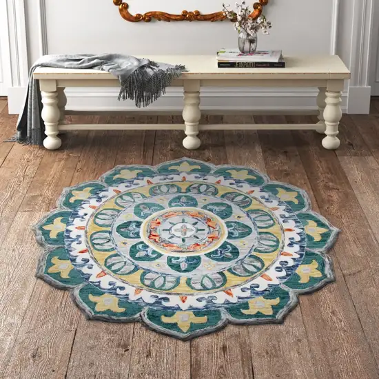 4' Round Teal Floral Mandala Area Rug Photo 8