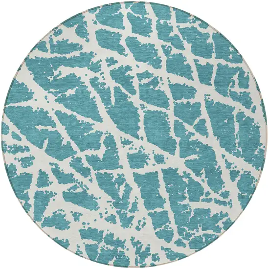 8' Round Teal Round Abstract Washable Non Skid Indoor Outdoor Area Rug Photo 5