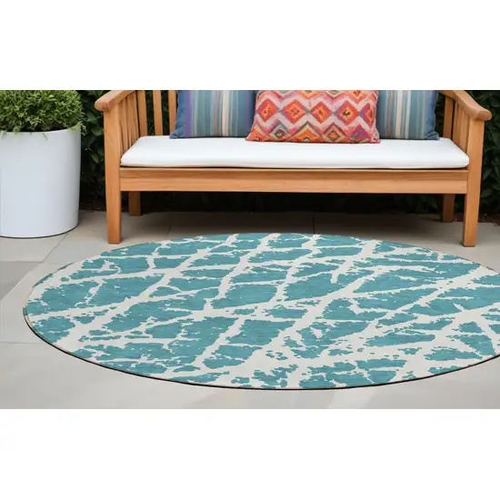 8' Round Teal Round Abstract Washable Non Skid Indoor Outdoor Area Rug Photo 1