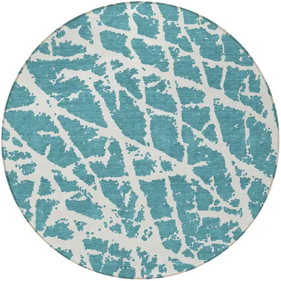 8' Round Teal Round Abstract Washable Non Skid Indoor Outdoor Area Rug Photo 4