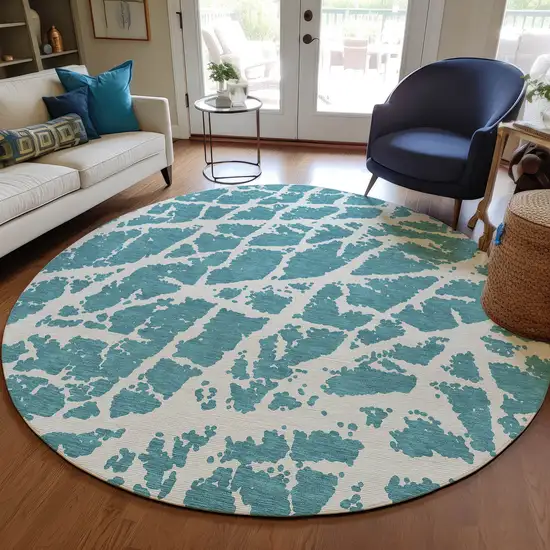 8' Round Teal Round Abstract Washable Non Skid Indoor Outdoor Area Rug Photo 9