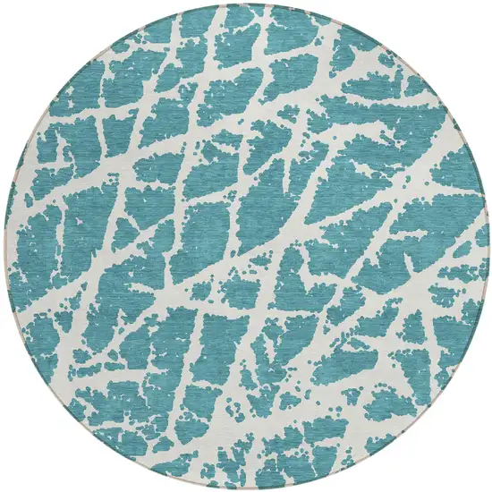 Teal Round Abstract Washable Non Skid Indoor Outdoor Area Rug Photo 2