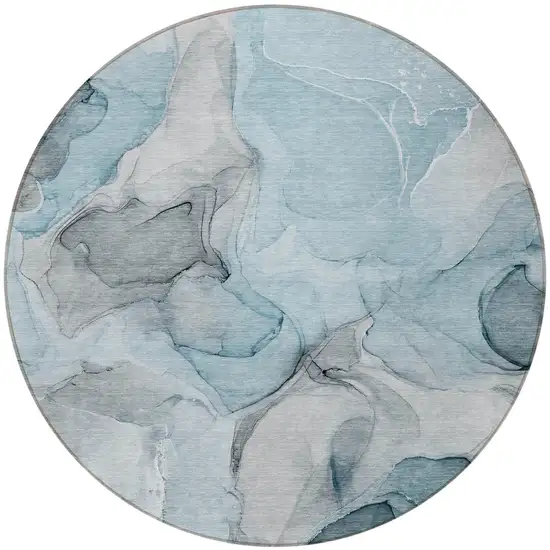 Teal Round Abstract Washable Non Skid Indoor Outdoor Area Rug Photo 4