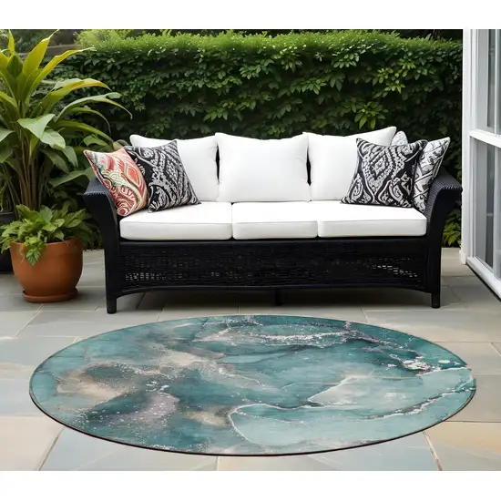 8' Round Teal Round Abstract Washable Non Skid Indoor Outdoor Area Rug Photo 1