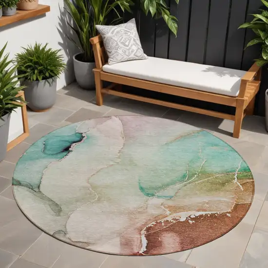 8' Round Teal Round Abstract Washable Non Skid Indoor Outdoor Area Rug Photo 1