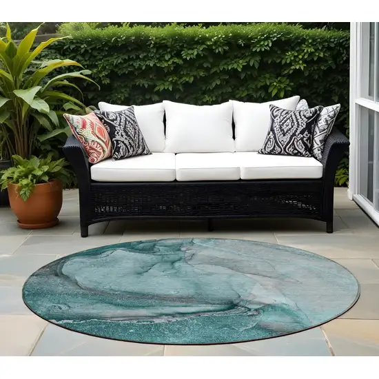 Teal Round Abstract Washable Non Skid Indoor Outdoor Area Rug Photo 1