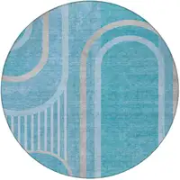 Photo of 8' Round Teal Round Abstract Washable Non Skid Indoor Outdoor Area Rug