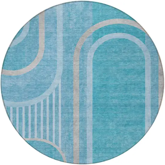 8' Round Teal Round Abstract Washable Non Skid Indoor Outdoor Area Rug Photo 2