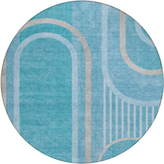 8' Round Teal Round Abstract Washable Non Skid Indoor Outdoor Area Rug Photo 1