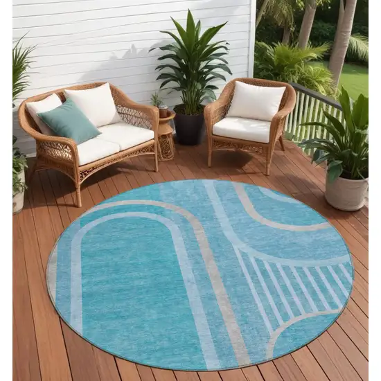 Teal Round Abstract Washable Indoor Outdoor Area Rug Photo 1