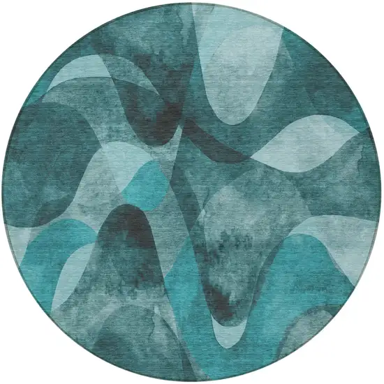 Teal Round Abstract Washable Non Skid Indoor Outdoor Area Rug Photo 4