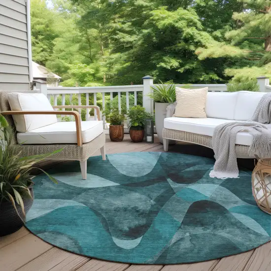 8' Round Teal Round Abstract Washable Non Skid Indoor Outdoor Area Rug Photo 8