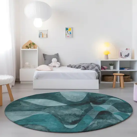 8' Round Teal Round Abstract Washable Non Skid Indoor Outdoor Area Rug Photo 9