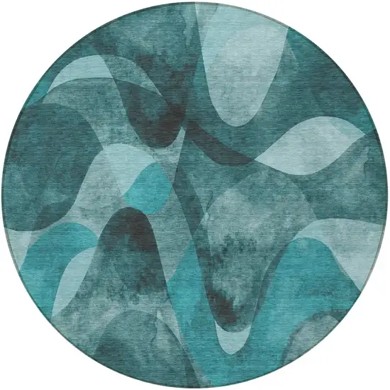 8' Round Teal Round Abstract Washable Non Skid Indoor Outdoor Area Rug Photo 5