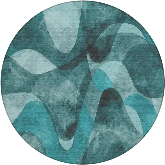 8' Round Teal Round Abstract Washable Non Skid Indoor Outdoor Area Rug Photo 2