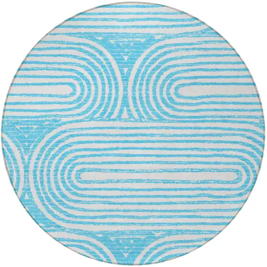 Teal Round Abstract Washable Non Skid Indoor Outdoor Area Rug Photo 4