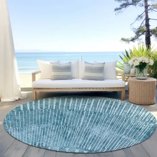 8' Round Teal Round Abstract Washable Non Skid Indoor Outdoor Area Rug Photo 8