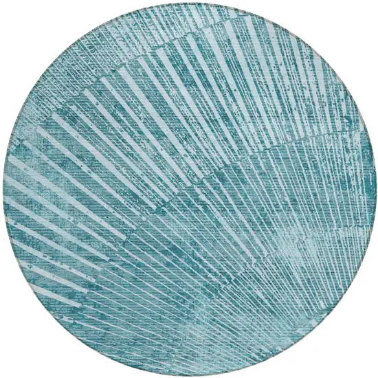 Teal Round Abstract Washable Non Skid Indoor Outdoor Area Rug Photo 2