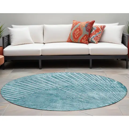 8' Round Teal Round Abstract Washable Non Skid Indoor Outdoor Area Rug Photo 1