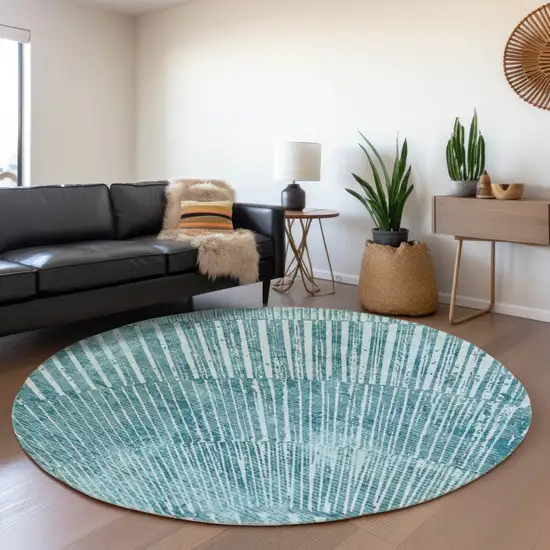 8' Round Teal Round Abstract Washable Non Skid Indoor Outdoor Area Rug Photo 9