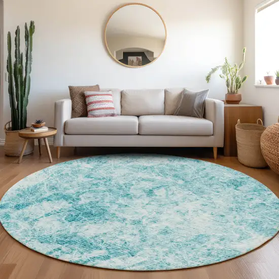 8' Round Teal Round Abstract Washable Non Skid Indoor Outdoor Area Rug Photo 9