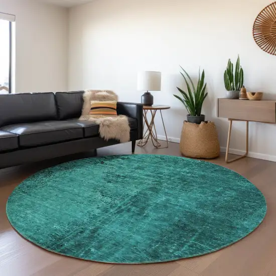 Teal Round Abstract Washable Non Skid Indoor Outdoor Area Rug Photo 9