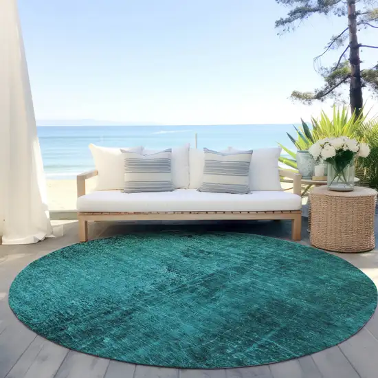 Teal Round Abstract Washable Non Skid Indoor Outdoor Area Rug Photo 8