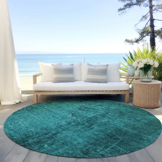 8' Round Teal Round Abstract Washable Non Skid Indoor Outdoor Area Rug Photo 8