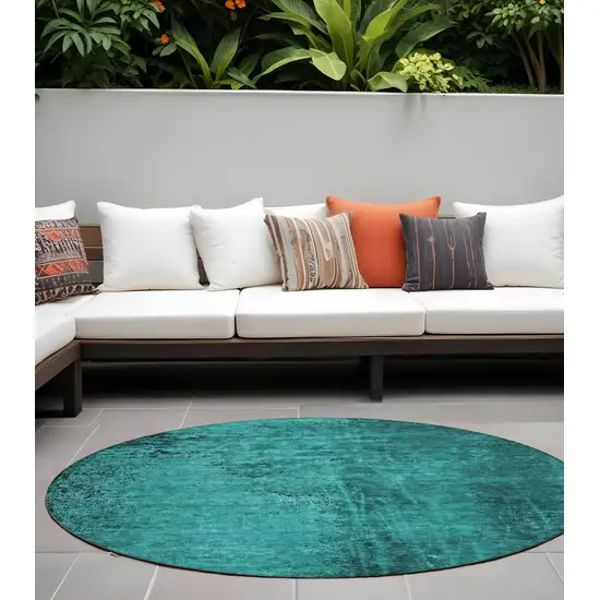 Teal Round Abstract Washable Non Skid Indoor Outdoor Area Rug Photo 1