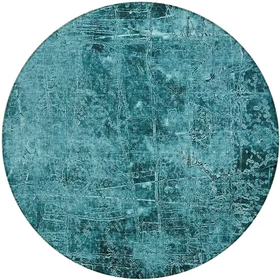 Teal Round Abstract Washable Non Skid Indoor Outdoor Area Rug Photo 2