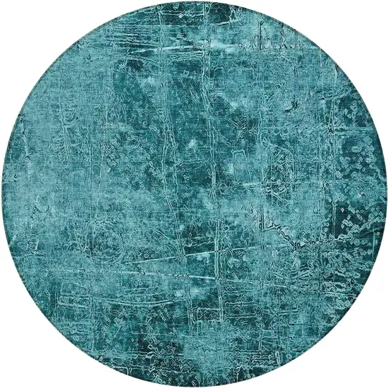 8' Round Teal Round Abstract Washable Non Skid Indoor Outdoor Area Rug Photo 2