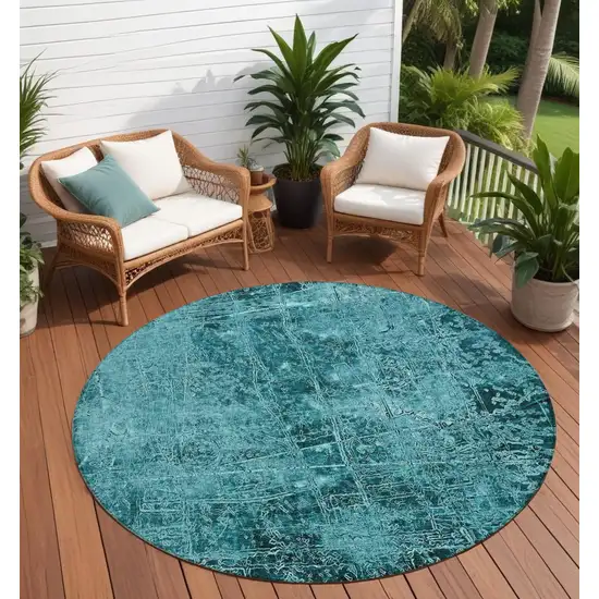 8' Round Teal Round Abstract Washable Non Skid Indoor Outdoor Area Rug Photo 1