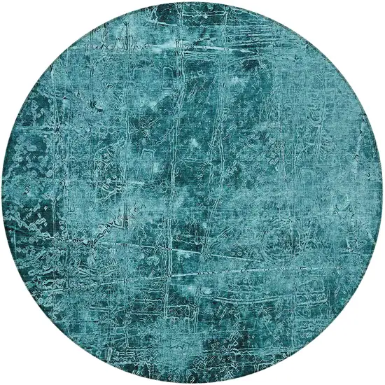 Teal Round Abstract Washable Non Skid Indoor Outdoor Area Rug Photo 4