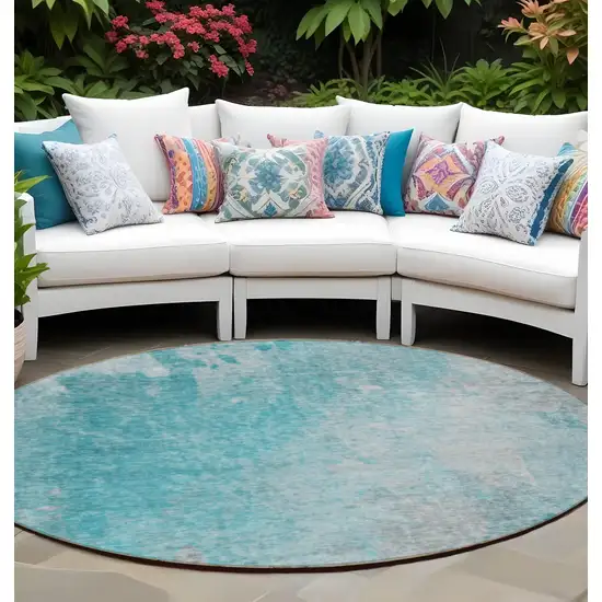 Teal Round Abstract Washable Non Skid Indoor Outdoor Area Rug Photo 1