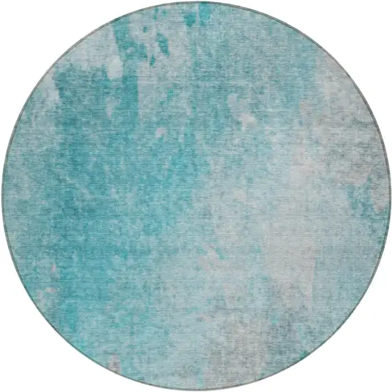 8' Round Teal Round Abstract Washable Non Skid Indoor Outdoor Area Rug Photo 2