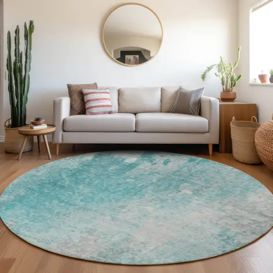 8' Round Teal Round Abstract Washable Non Skid Indoor Outdoor Area Rug Photo 9