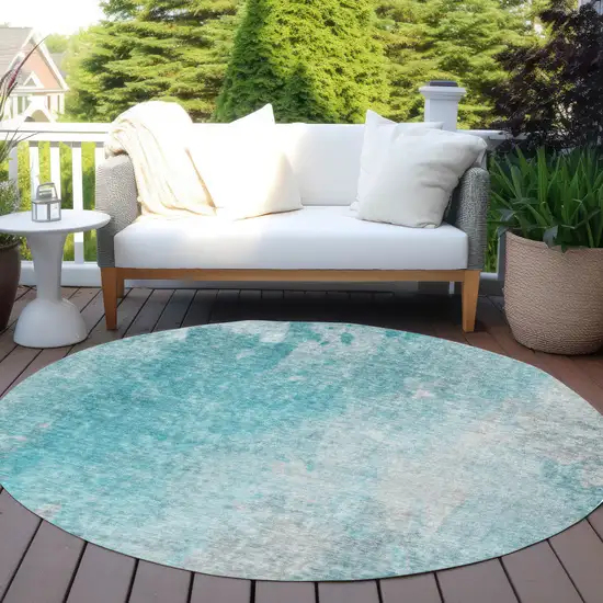 8' Round Teal Round Abstract Washable Non Skid Indoor Outdoor Area Rug Photo 8