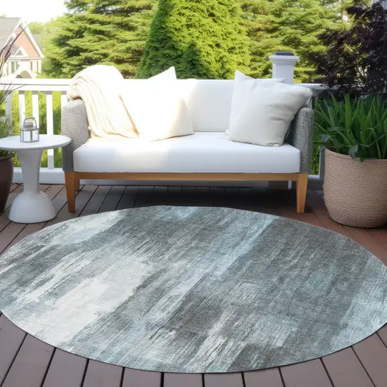 8' Round Teal Round Abstract Washable Non Skid Indoor Outdoor Area Rug Photo 8