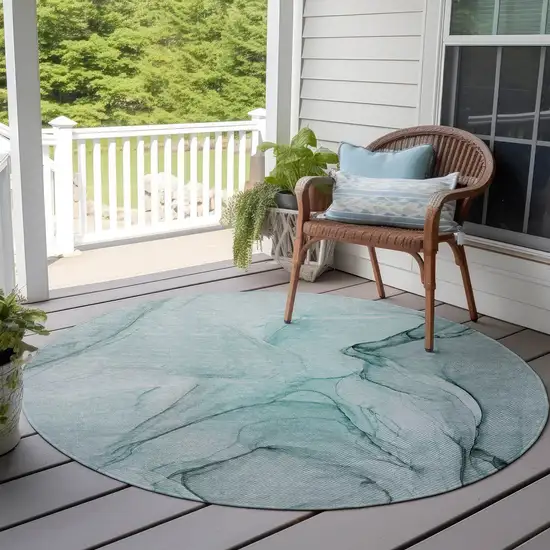 Teal Round Abstract Washable Non Skid Indoor Outdoor Area Rug Photo 8