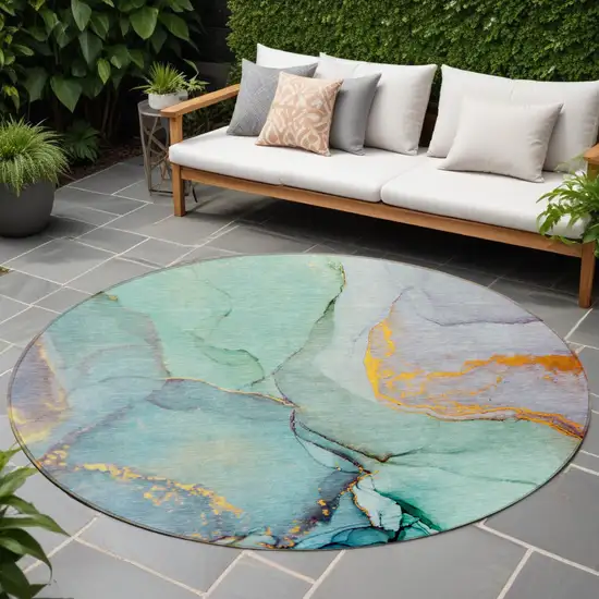 Teal Round Abstract Washable Non Skid Indoor Outdoor Area Rug Photo 1