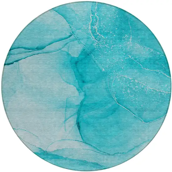 8' Round Teal Round Abstract Washable Non Skid Indoor Outdoor Area Rug Photo 2