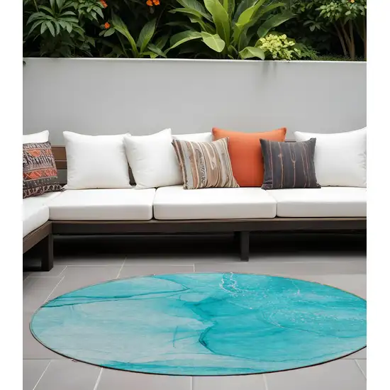 8' Round Teal Round Abstract Washable Non Skid Indoor Outdoor Area Rug Photo 1