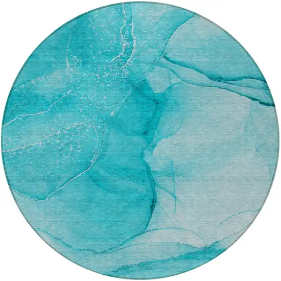 8' Round Teal Round Abstract Washable Non Skid Indoor Outdoor Area Rug Photo 4