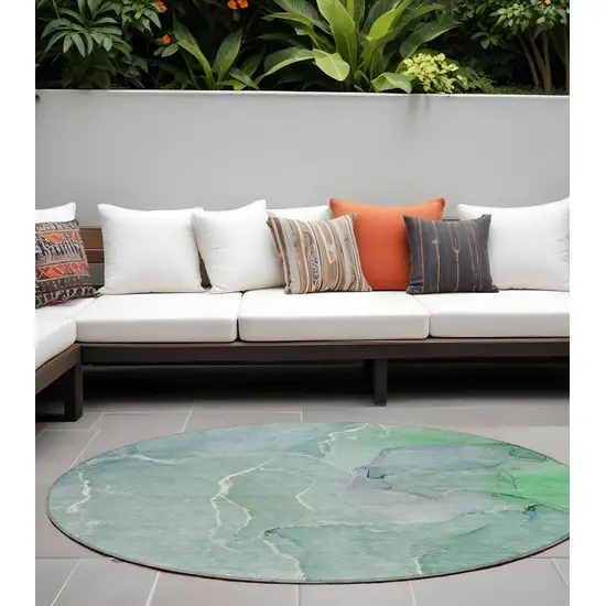 8' Round Teal Round Abstract Washable Non Skid Indoor Outdoor Area Rug Photo 1